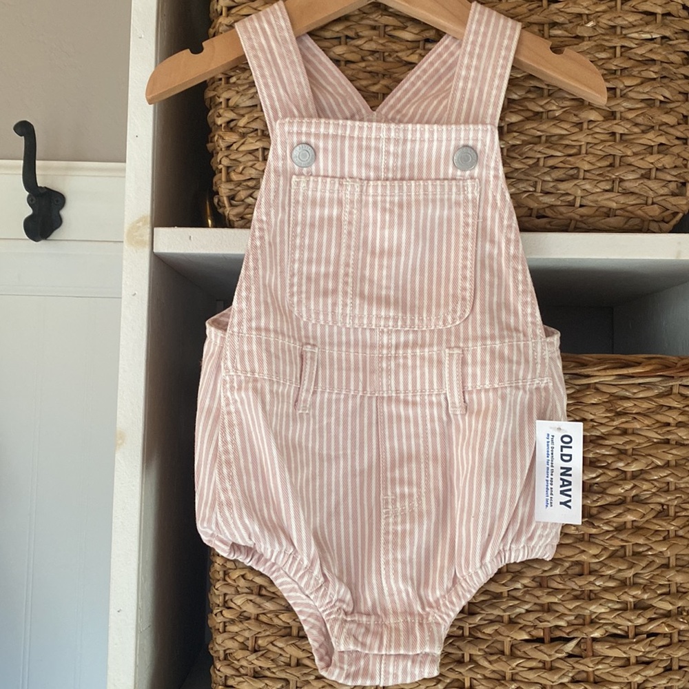 NWT Old Navy Pink White Stripe Denim Overalls Onesie 12-18 Month